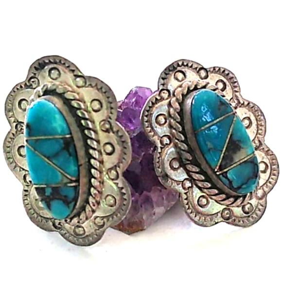 Native American Natural Turquoise Inlay Hand Stamped Scalloped Sterling Silver - Picture 1 of 16